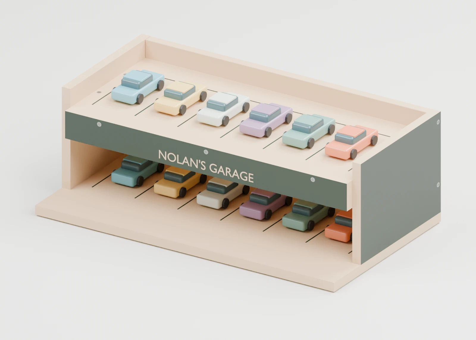 3D-ontwerp van Nolans houten garage met groene zijkanten, parkeerlijnen en een houtkleurige naam